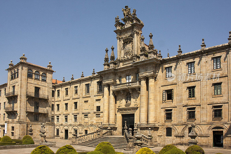 San Martín Pinario monastery facade, Inmaculada square in Santiago de Compostela, staircase and garden.